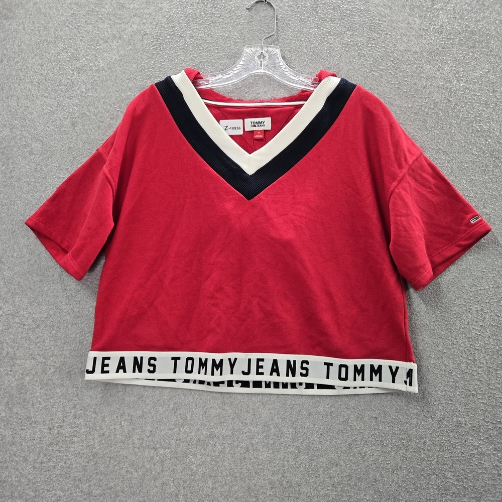 Tommy Jeans Women Hoodie M Red Cropped Short Sleeve Logo V Neck Pullover NWT‎